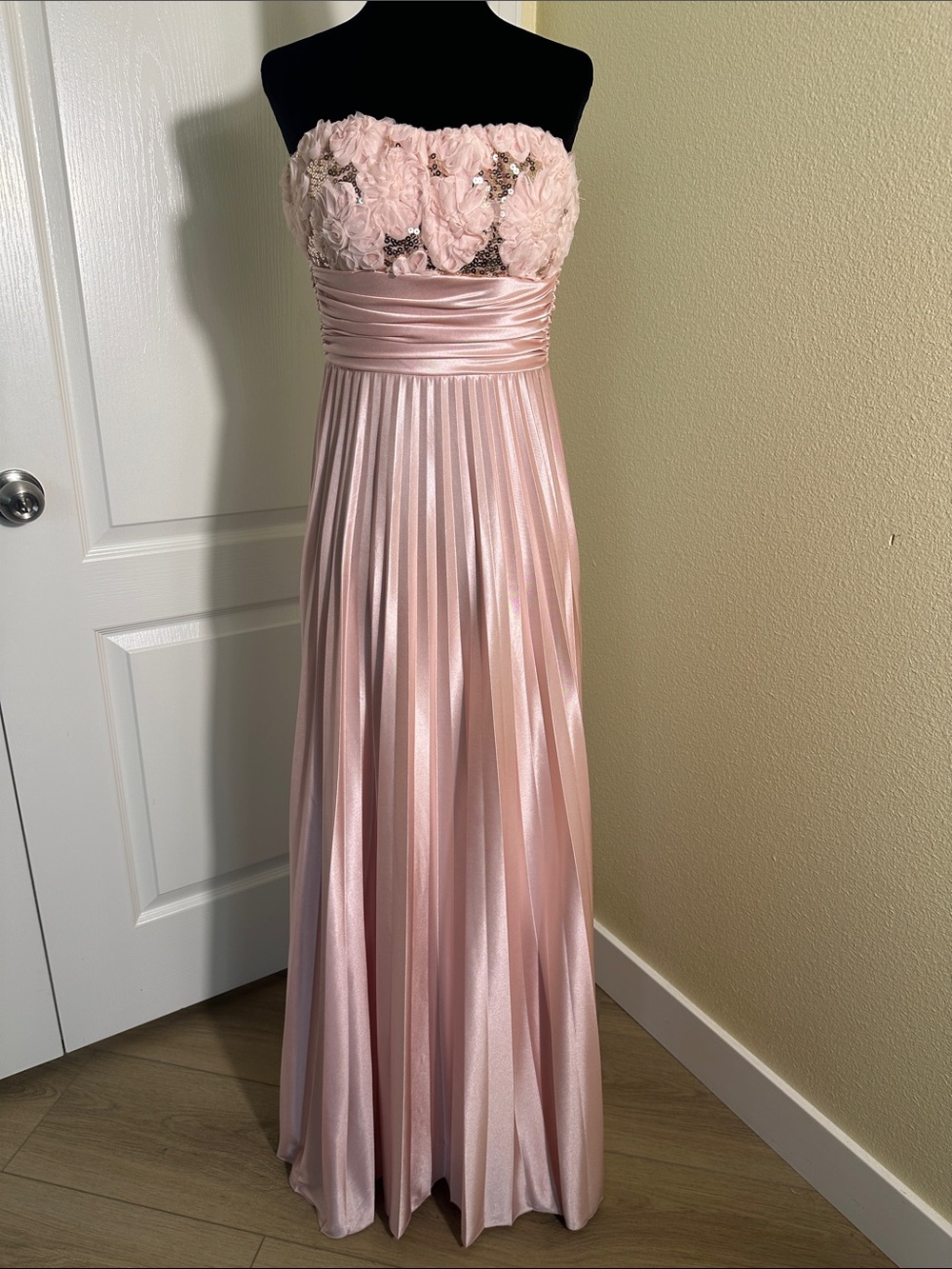 Speechless Strapless Blush Pink Satin Gown with 3D Floral Bodice. Size 1